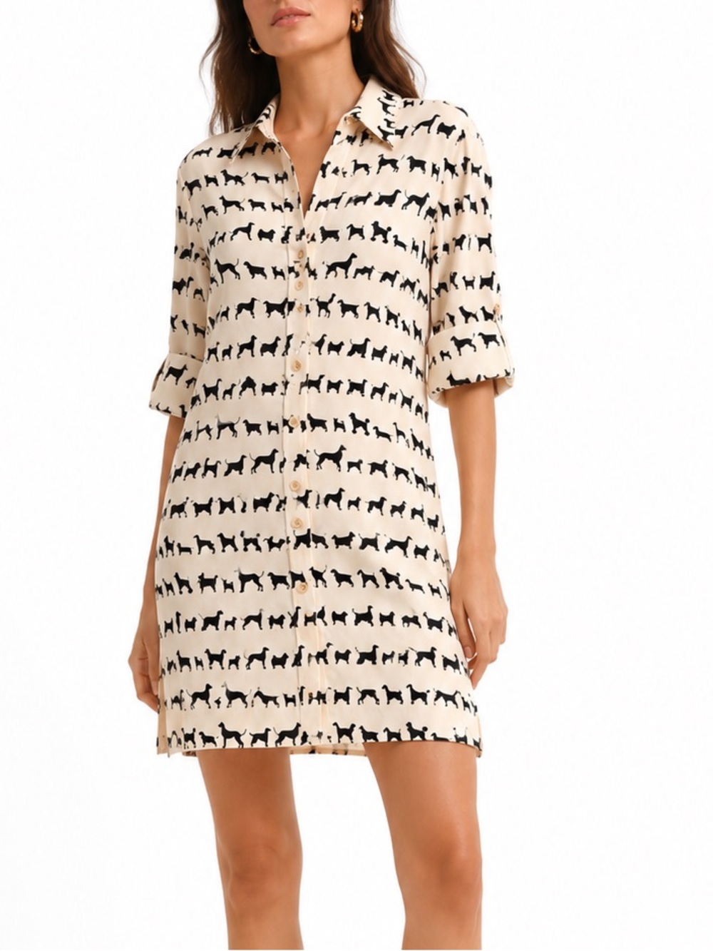 Trina Turk Silk Dog Print Button Front Shirt Dress Size 6 Rare
